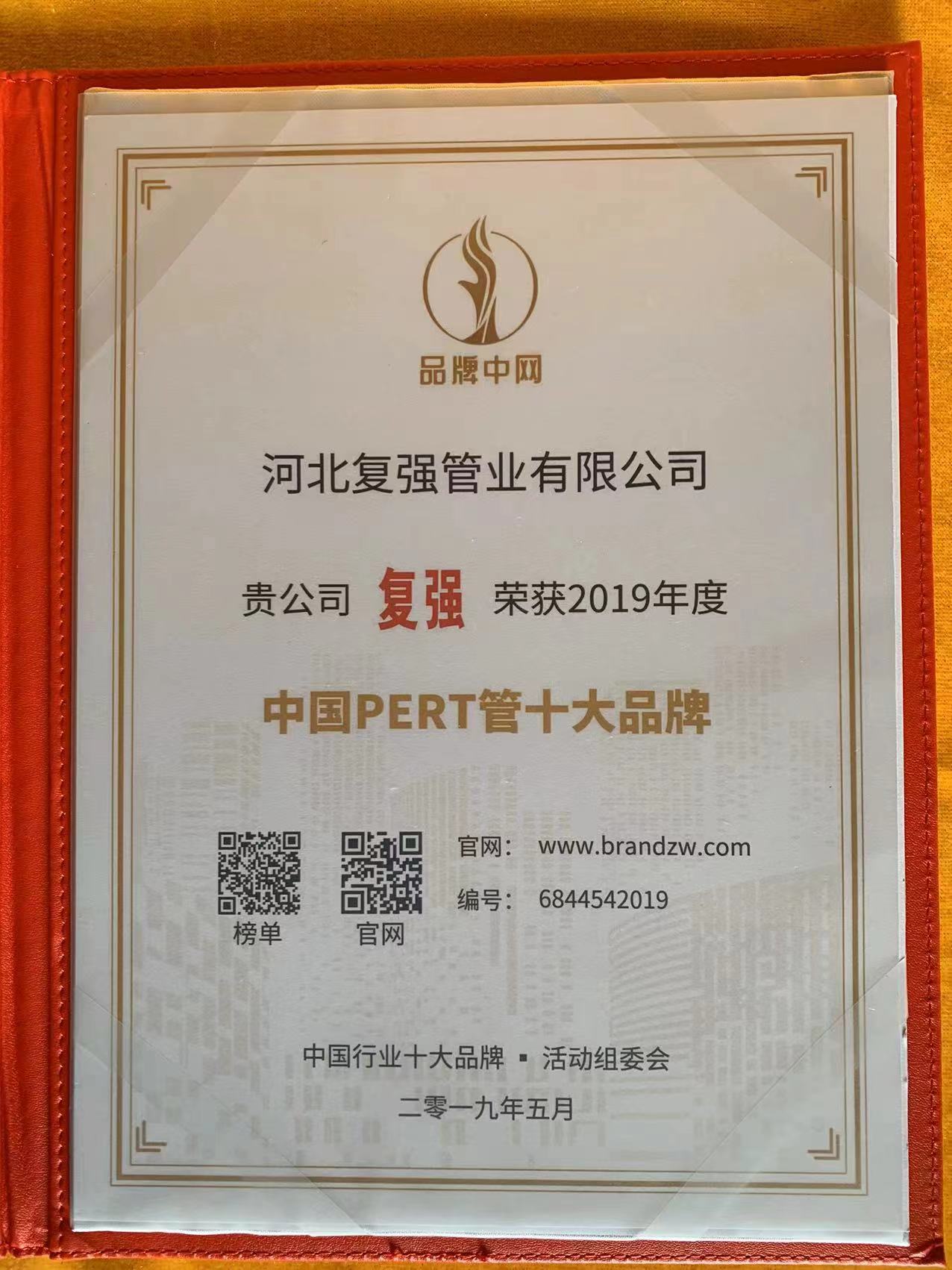 2019年度中国PERT管十大品牌荣誉证书